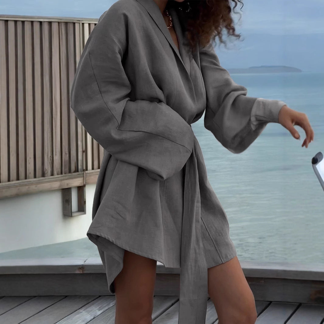 Cotton and linen robe dress women's European, American spring and summer new lace-up dress casual and comfortable beach dress   suits