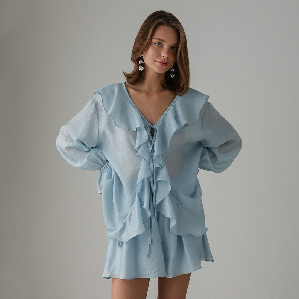 French V-neck ruffle edge shirt shorts set European and American summer lace-up shirt shorts set women suits