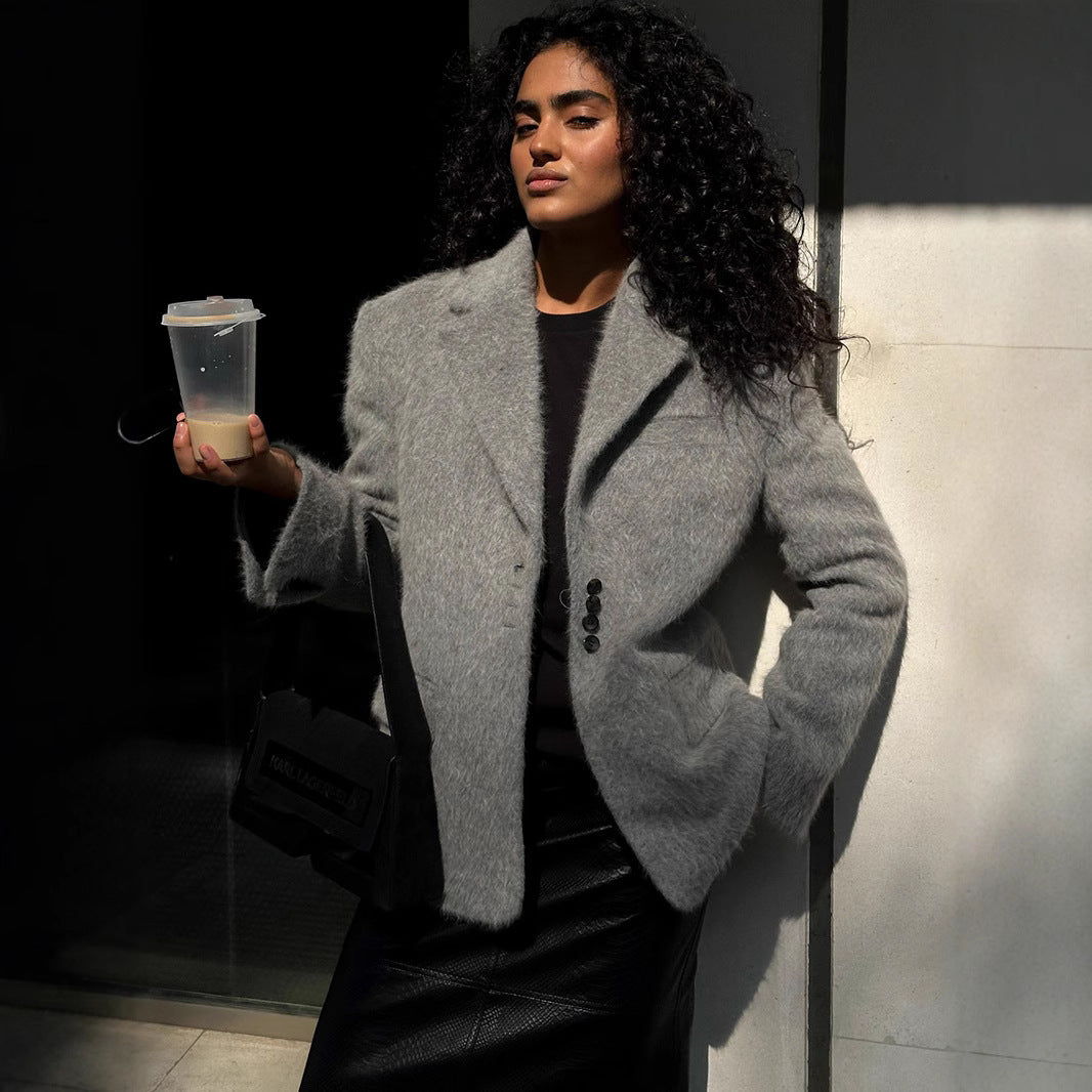 Celebrity style loose lapel plush jackets autumn and winter cross-border European and American INS explosion long-sleeved coat coat women