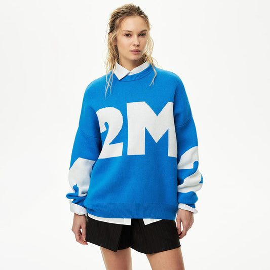 Alphabet sweater European, American autumn and winter knitting fashionable versatile contrasting color temperament round neck loose letter sweater