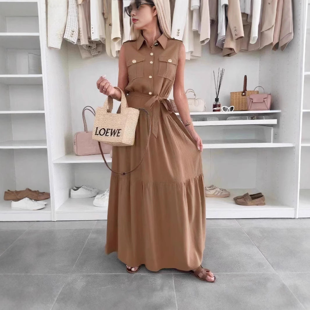 Summer European and American cross-border temperament commuter office dress solid color shirt collar single-breasted dress