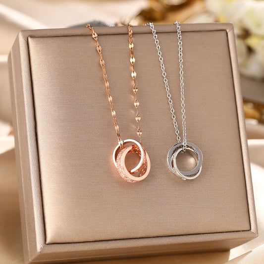 Japan and South Korea cross-border titanium steel necklace femininity versatile ring interlocking double ring micro-inlaid diamond short collarbone chain jewelry
