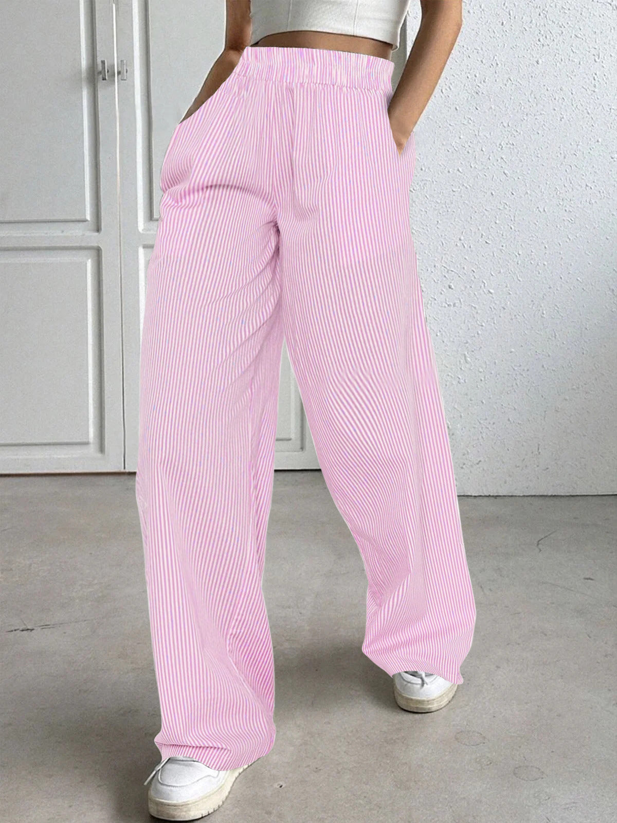 European and American striped wide-leg casual street straight high-waisted women's trousers  pant