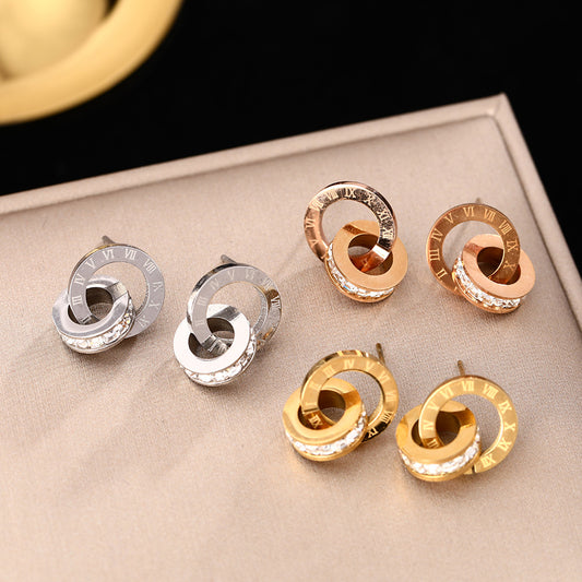 European and American cross-border Internet celebrities personalized titanium steel stud earrings female ins creative diamond double ring Roman digital earrings ear jewelry