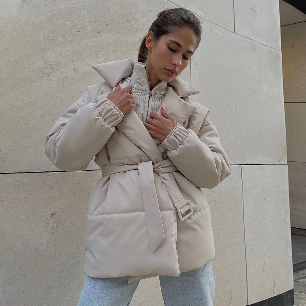 Lapel cotton clothes European and American winter new thickened and thin waist cotton clothes solid color belt cotton clothes jackets