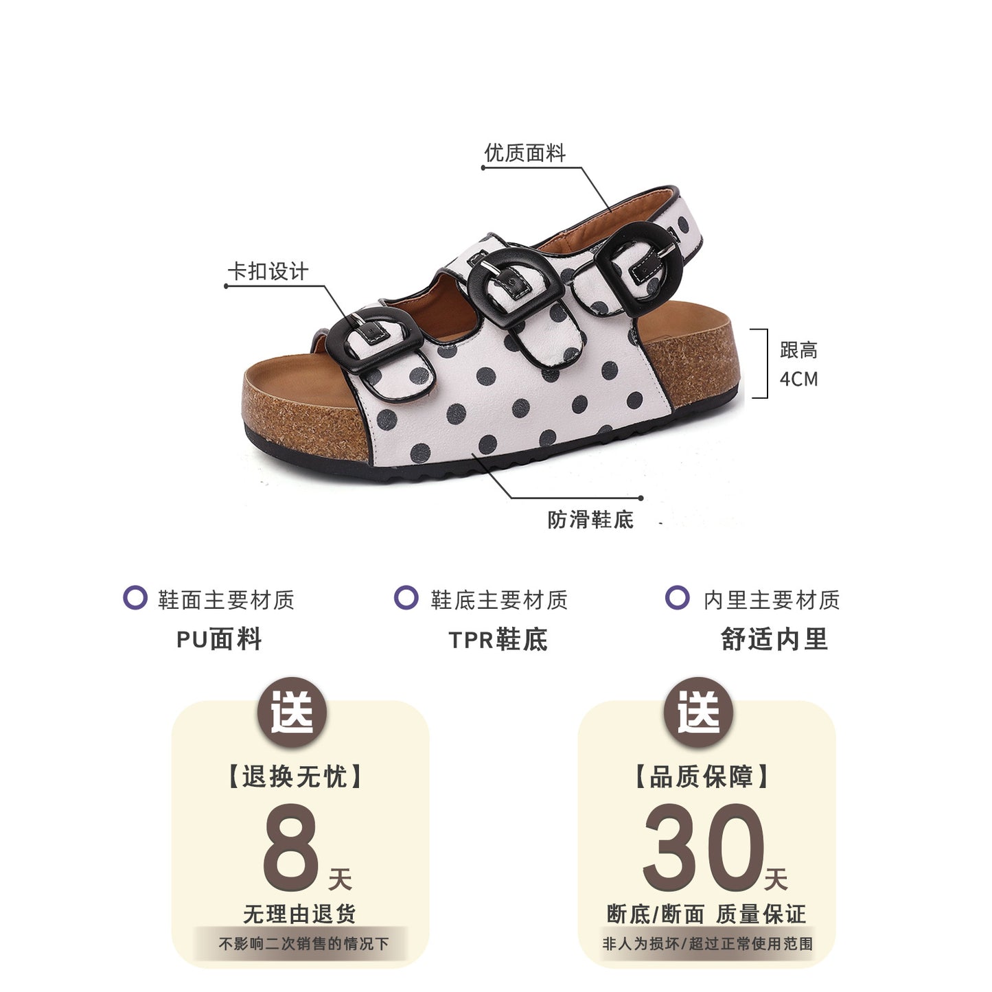 Polka dot platform Birkenstocks women's  new summer versatile and comfortable women wearing sandals with one foot and half drags  slippers