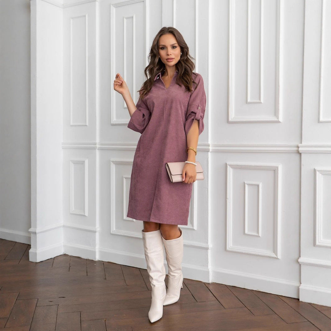 Corduroy medium and long dress, European and American spring and summer temperament commuting loose lapel cufflink dress