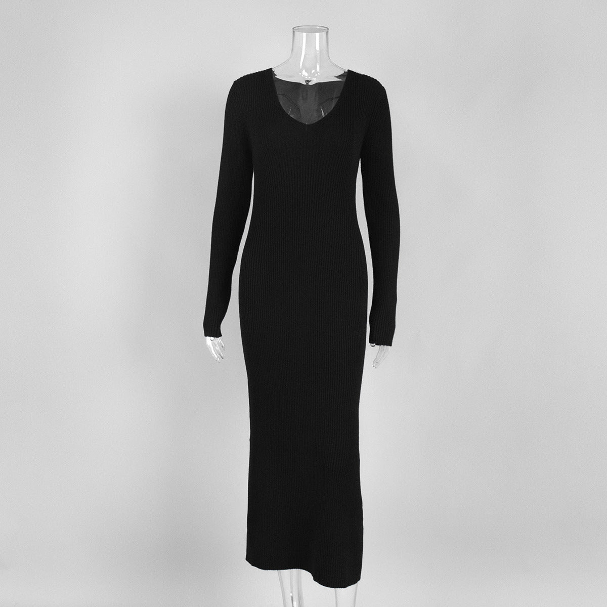 Solid color long-sleeved dress women's European, American autumn and winter new temperament V-neck slim-fitting hip-wrapped knitted long dress suits