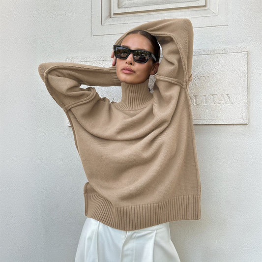 Cross-border splicing turtleneck sweater women's Europe, America, autumn and winter new casual loose lazy thickened sweater knitted jumper