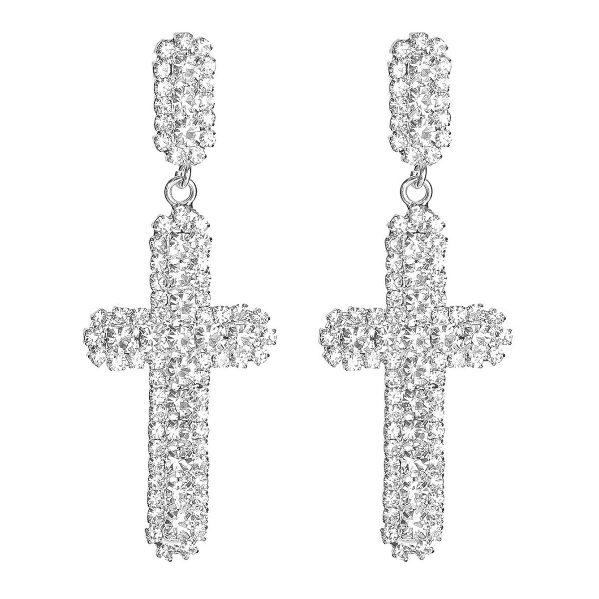 High-end shiny crystal cross earrings for women,  temperament versatile stud earrings, copper earrings.
