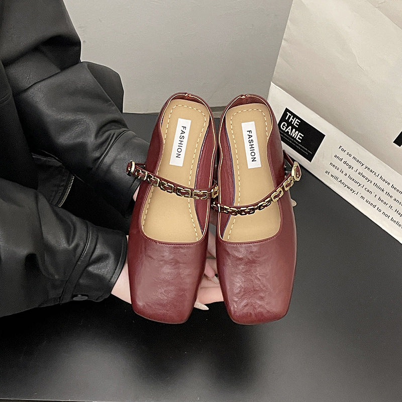 French bag head half slippers women's outer wear  spring and summer new Korean version square head flat bottom one pedal Mary Jane single shoes