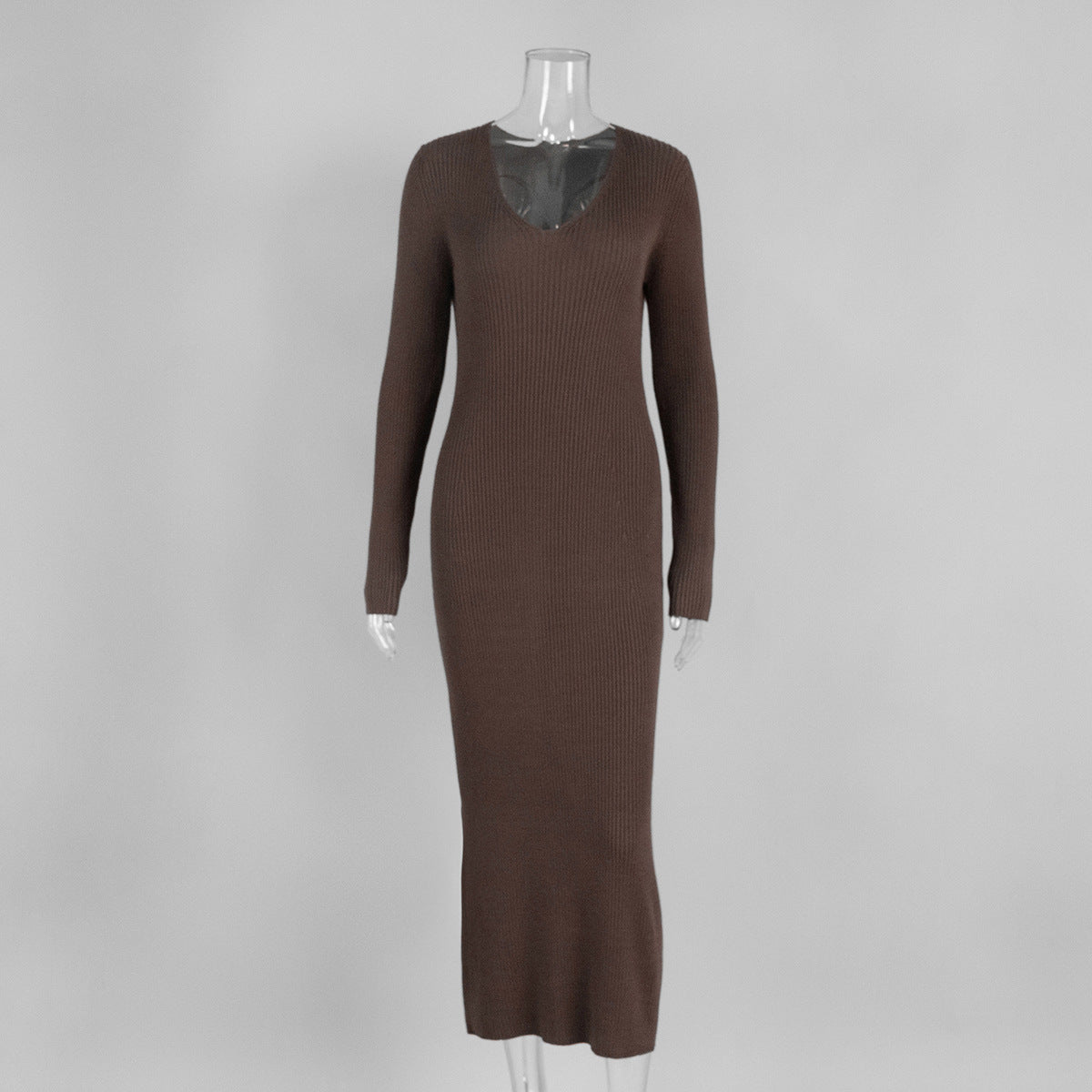 Solid color long-sleeved dress women's European, American autumn and winter new temperament V-neck slim-fitting hip-wrapped knitted long dress suits
