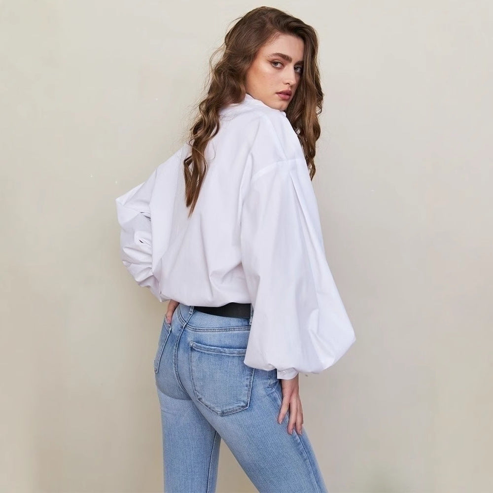 Lantern sleeve solid color shirt European and American spring and summer temperament Royal sister commuting versatile loose round neck shirt  t-shirts