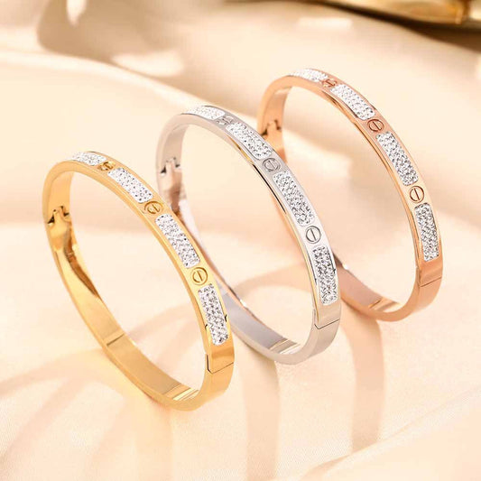 European and American cross-border fashion simple titanium steel bracelet female screwdriver inlaid with three rows of diamonds high-end ins wind bracelet jewelry