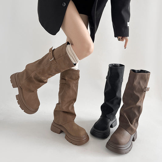 British popular foreign  boots women's autumn new small tall thick-soled fried street locomotive boots  shoes