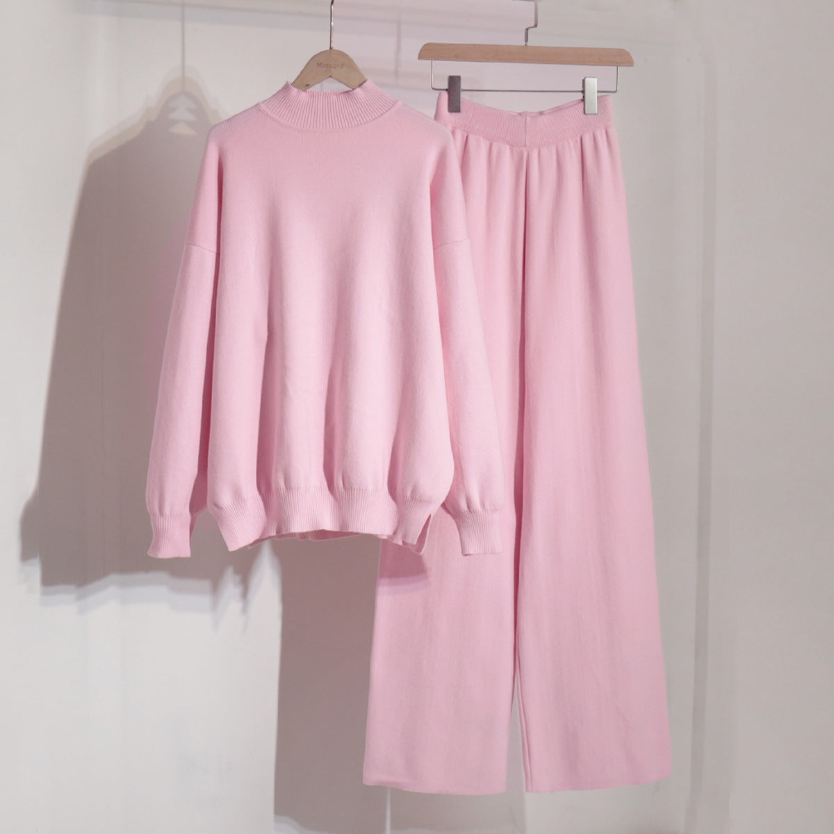 Solid color knitted turtleneck slit sweater set women's clothing European, American autumn and winter fashion casual lazy sweater set  suits