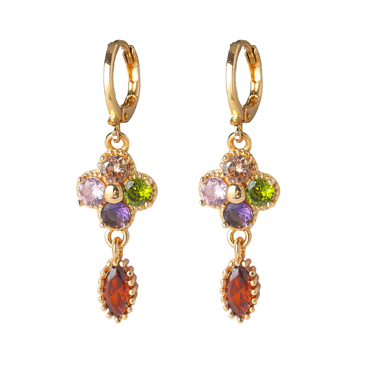 Choka, classic retro high-end luxury long-ear buckle women, fashionable color zircon earrings, versatile copper ear jewelry