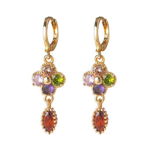 Choka, classic retro high-end luxury long-ear buckle women, fashionable color zircon earrings, versatile copper ear jewelry