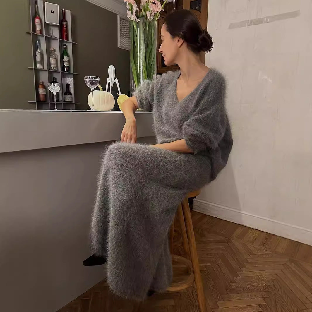 Imitation mink knitted set European and American autumn and winter new lazy V-neck sweater fishtail skirt set  suits