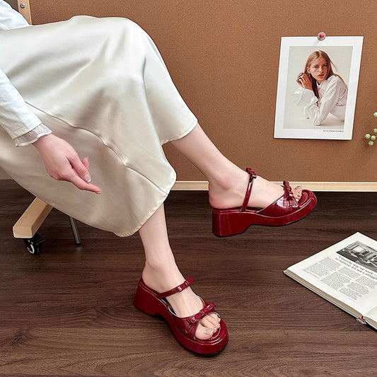 Fashion word with wedge sandals women's summer thick heel with skirt French bow wear high heel cool slippers