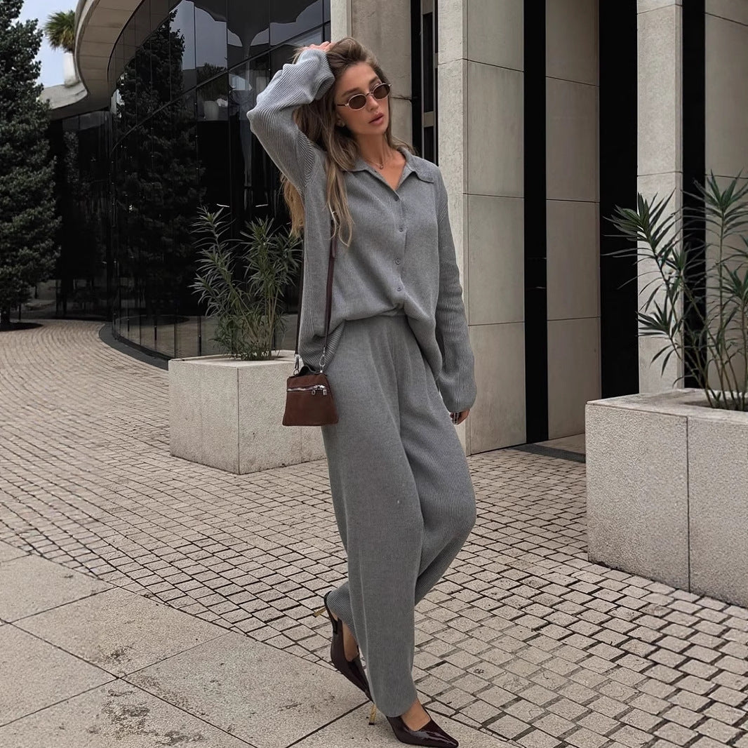 Lapel long-sleeved knitted set, European, American autumn and winter new temperament loose commuting pit strip sweater set  suits