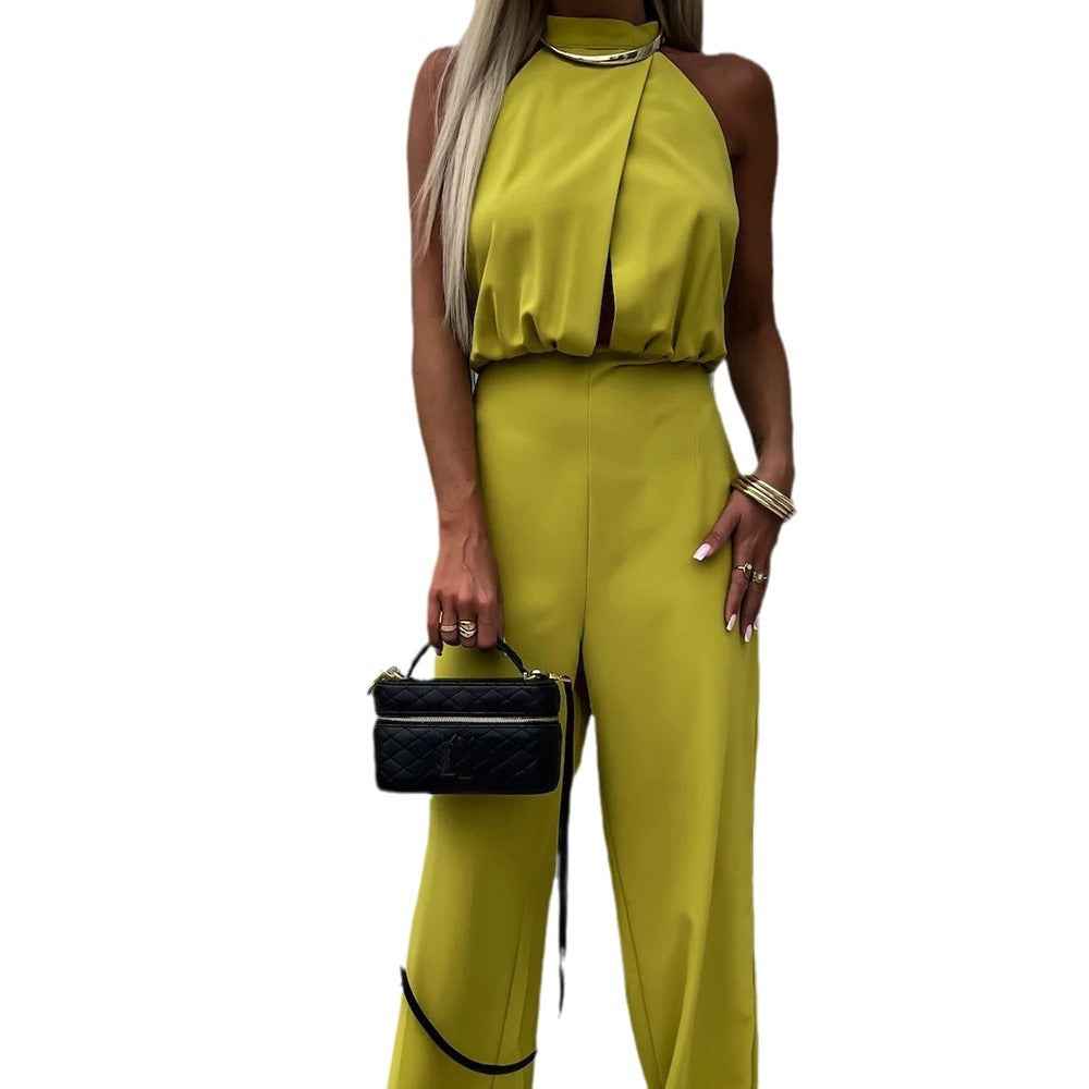 cross-border summer European and American women's clothing ins new fashionable semi-turtleneck sleeveless slim jumpsuit  suits