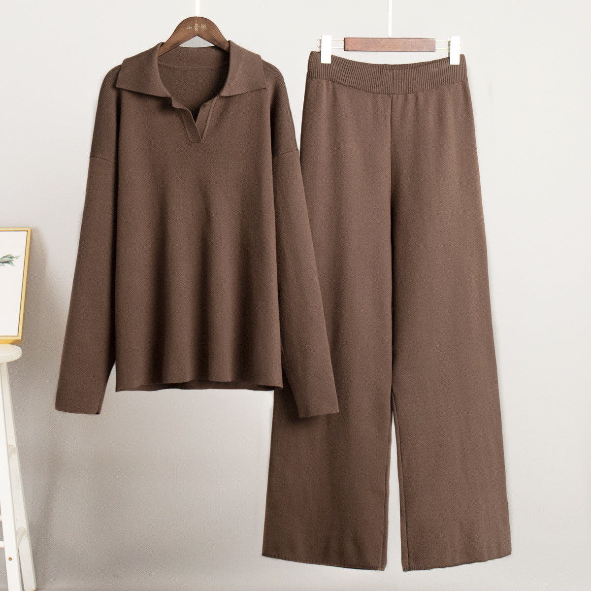 Knitted set European and American autumn and winter sweater set Polo neck knitted jumper + wide-leg trousers two-piece set  suits
