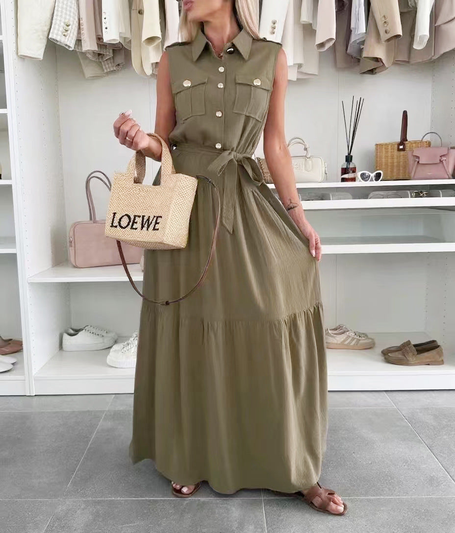 Summer European and American cross-border temperament commuter office dress solid color shirt collar single-breasted dress