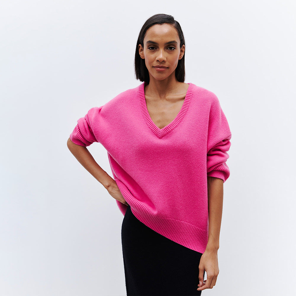 V-neck sweater women's autumn and winter European and American solid color versatile pullover sweater loose knitted sweater