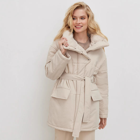 Stand-up collar cotton jacket European, American autumn and winter new temperament belt irregular medium and long cotton jackets