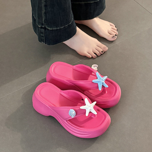 Star flip-flops women's outer wear  summer new thick-bottomed sweet heightening muffin and seaside beach cool slippers