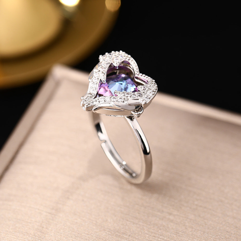 Hot Sale in Japan and South Korea Colorful Colorful Love Zircon Ring Women's Fashion Versatile Color Changing Peach Heart Rings Jewelry