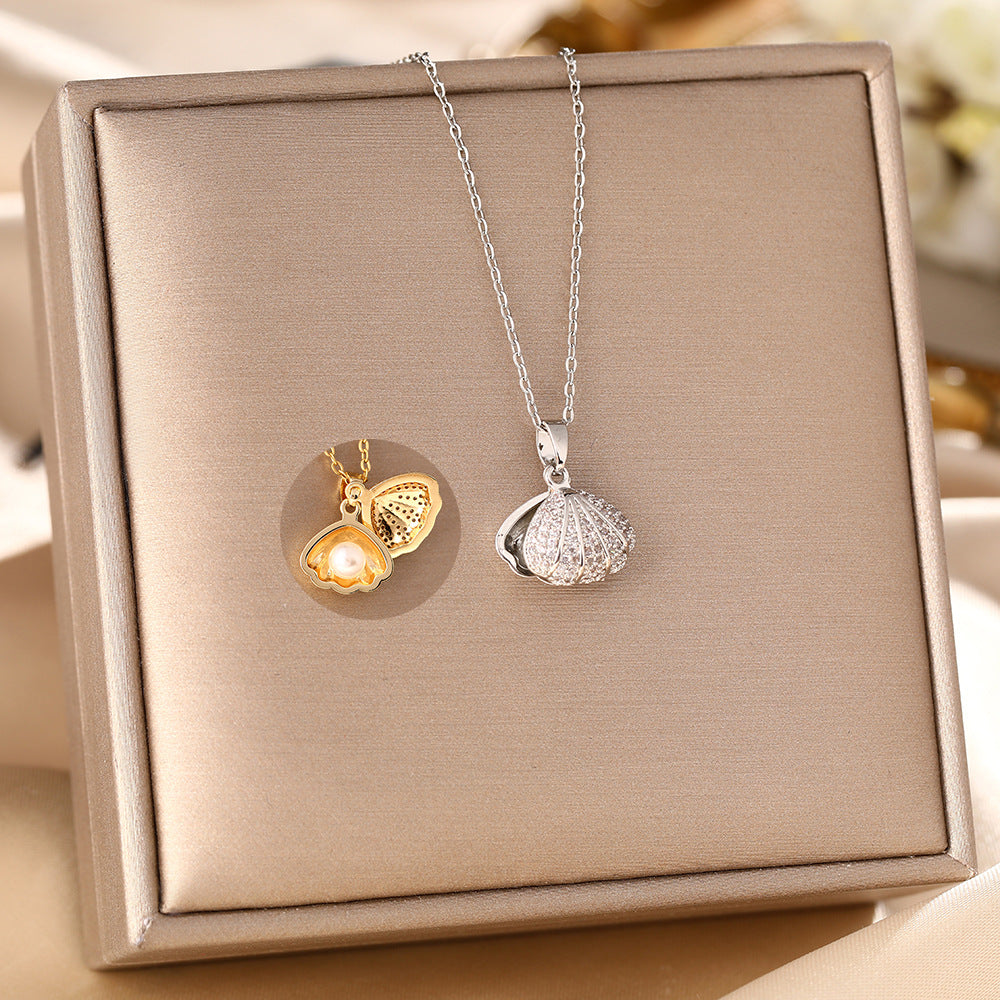 Korean version of diamond-encrusted fashion shell pearl titanium steel necklace women's anti-fading temperament fan-shaped pendant collarbone chain jewelry