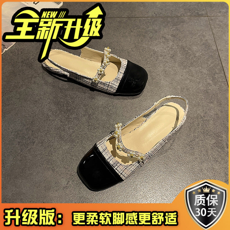 With skirt Mary Jane single shoes summer French small heel versatile pearl bag head sandals female new fairy style  beanie shoes