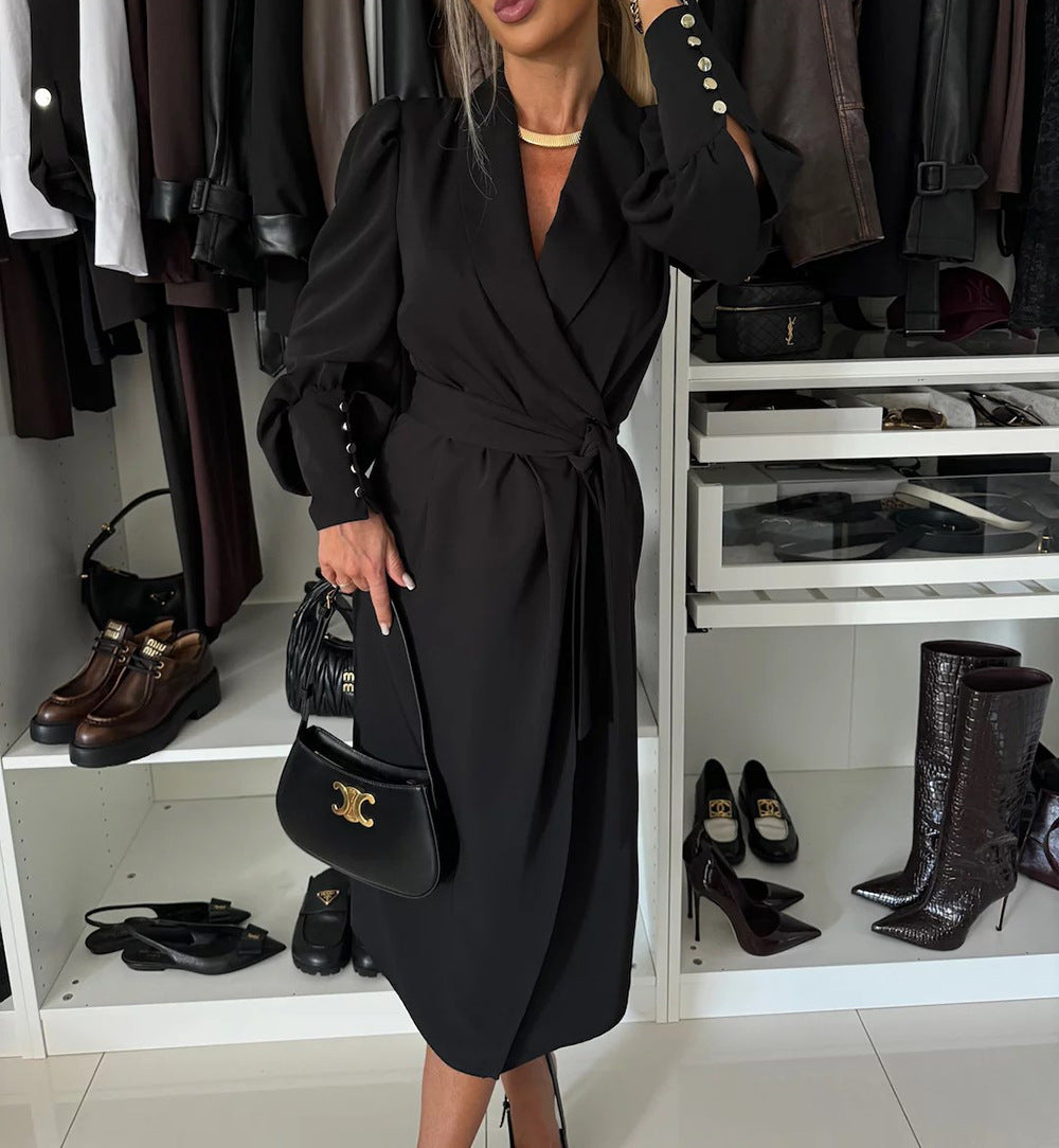 European and American cross-border independent station foreign trade new green fruit collar long-sleeved cardigan strap casual dress women