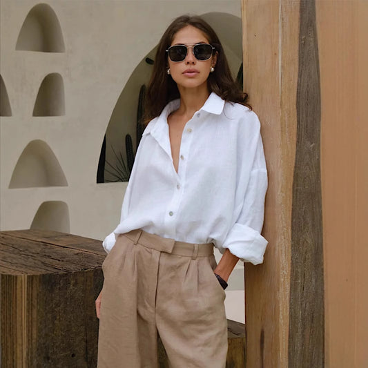 Casual shirt European and American spring and summer fashion versatile lazy fashion casual solid color simple loose shirt  t-shirts