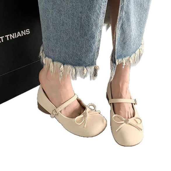 Gentle French Mary Jane Shoes Women's  Spring and Summer New Bow Comfortable Flat Heel Leather Shoes Small Single beanie Shoes Women's Trend