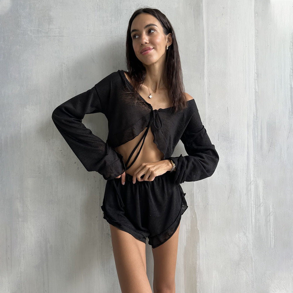 Cross-border lace-up cardigan shorts pajamas set European and American summer new knitted pajamas comfortable loungewear women suits   suit