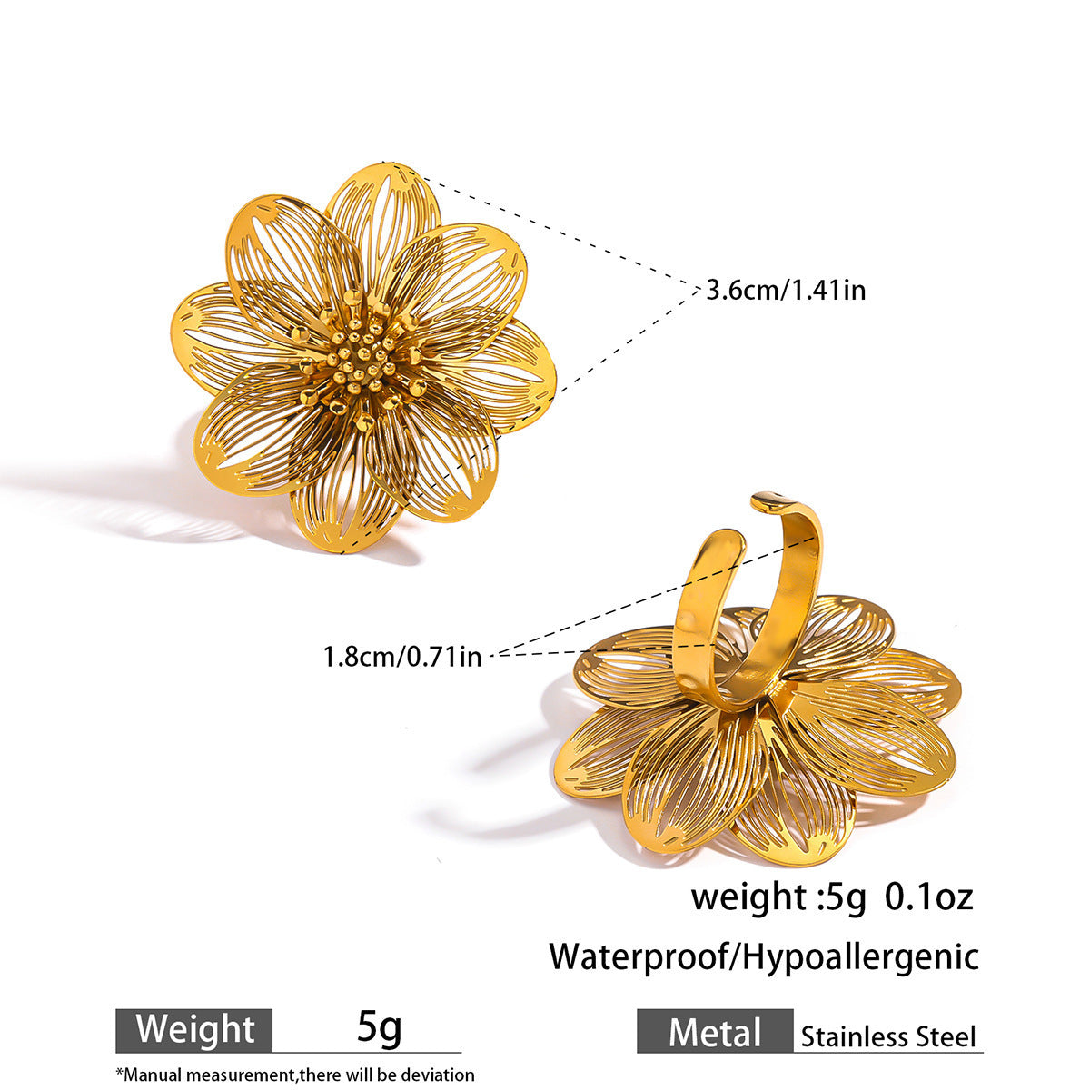 Malt stainless steel non-fading flower rings female three-dimensional opening design ring exaggerated European and American jewelry