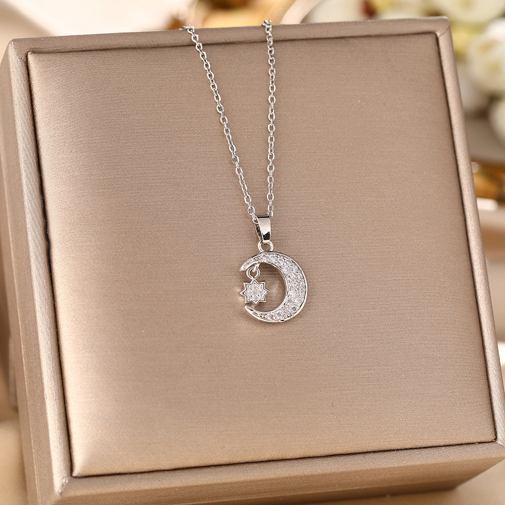 Titanium steel necklace female personality trend slightly inlaid zircon geometric stars moon collarbone neck chain jewelry