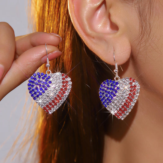 Popular, Independence Day super flash full of diamond love ear hook earrings women, all-copper fashionable and exquisite stud earrings