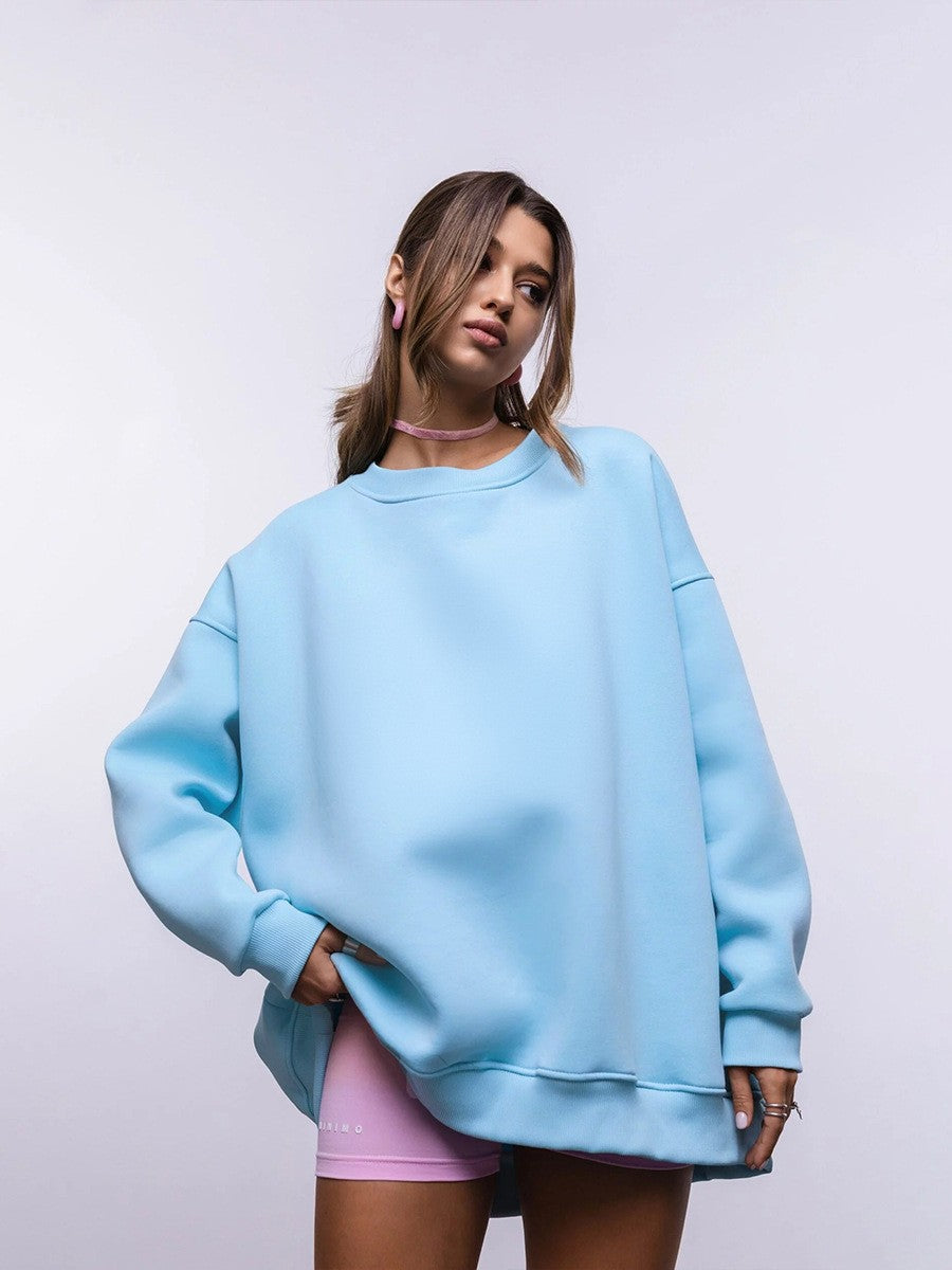 Solid color crew neck sweater European and American winter new women's fleece fleece fleece sweater casual crew neck sweater