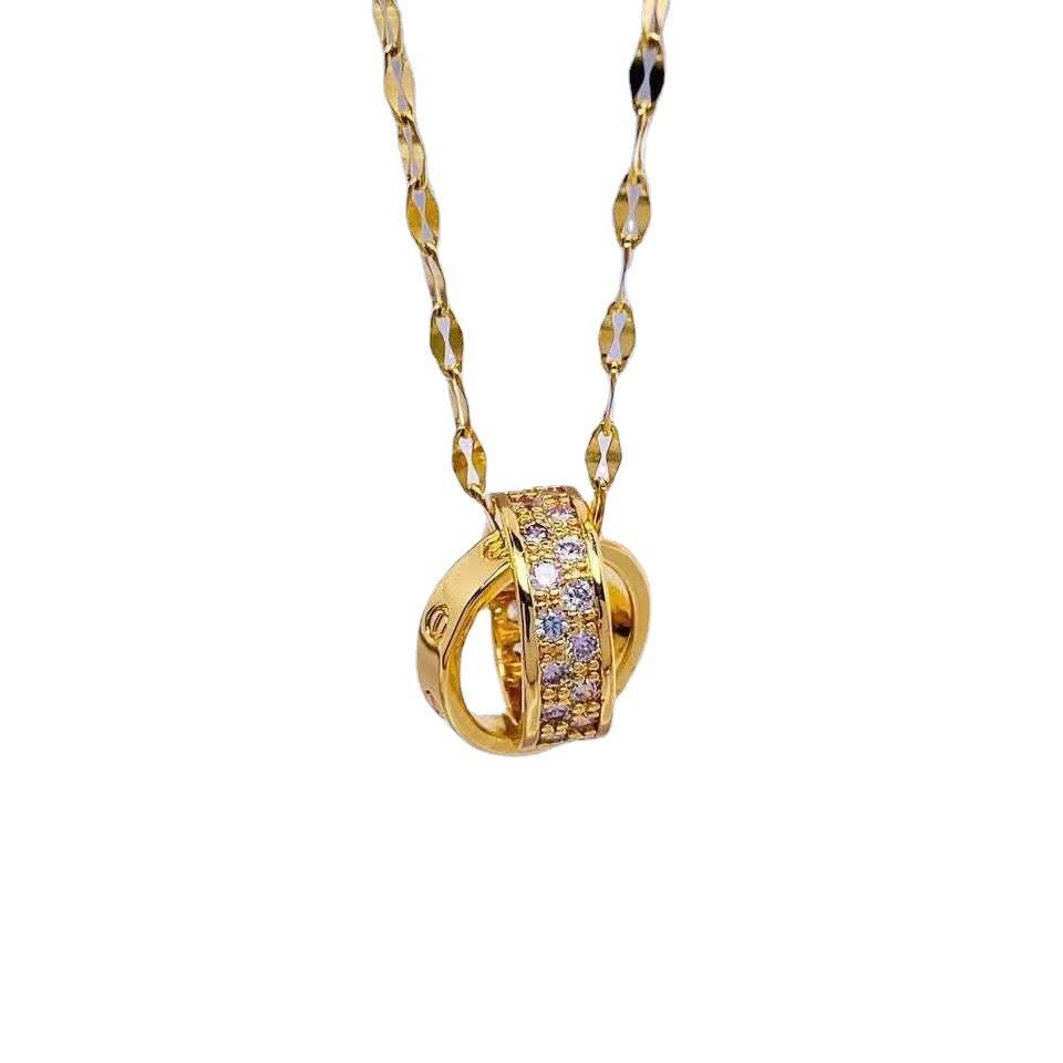 Japan and South Korea cross-border titanium steel necklace femininity versatile ring interlocking double ring micro-inlaid diamond short collarbone chain jewelry