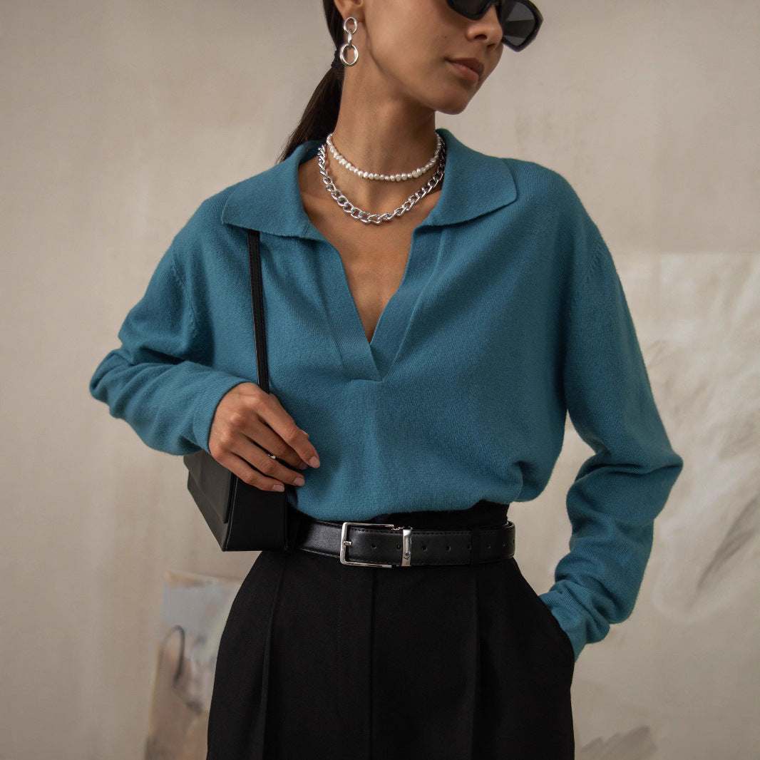Polo neck sweater European, American autumn and winter Amazon casual versatile lapel knitted pullover sweater women