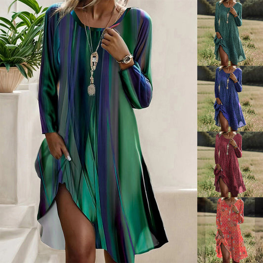 European and American Women's Printed Crew Neck Bohemian Long Sleeve Dress