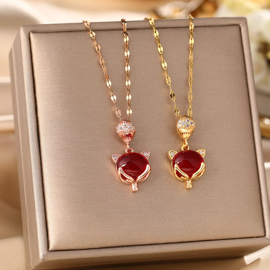 Douyin Internet celebrity titanium steel necklace female opal fox pendant trendy fashion collarbone chain diamond sweater chain jewelry