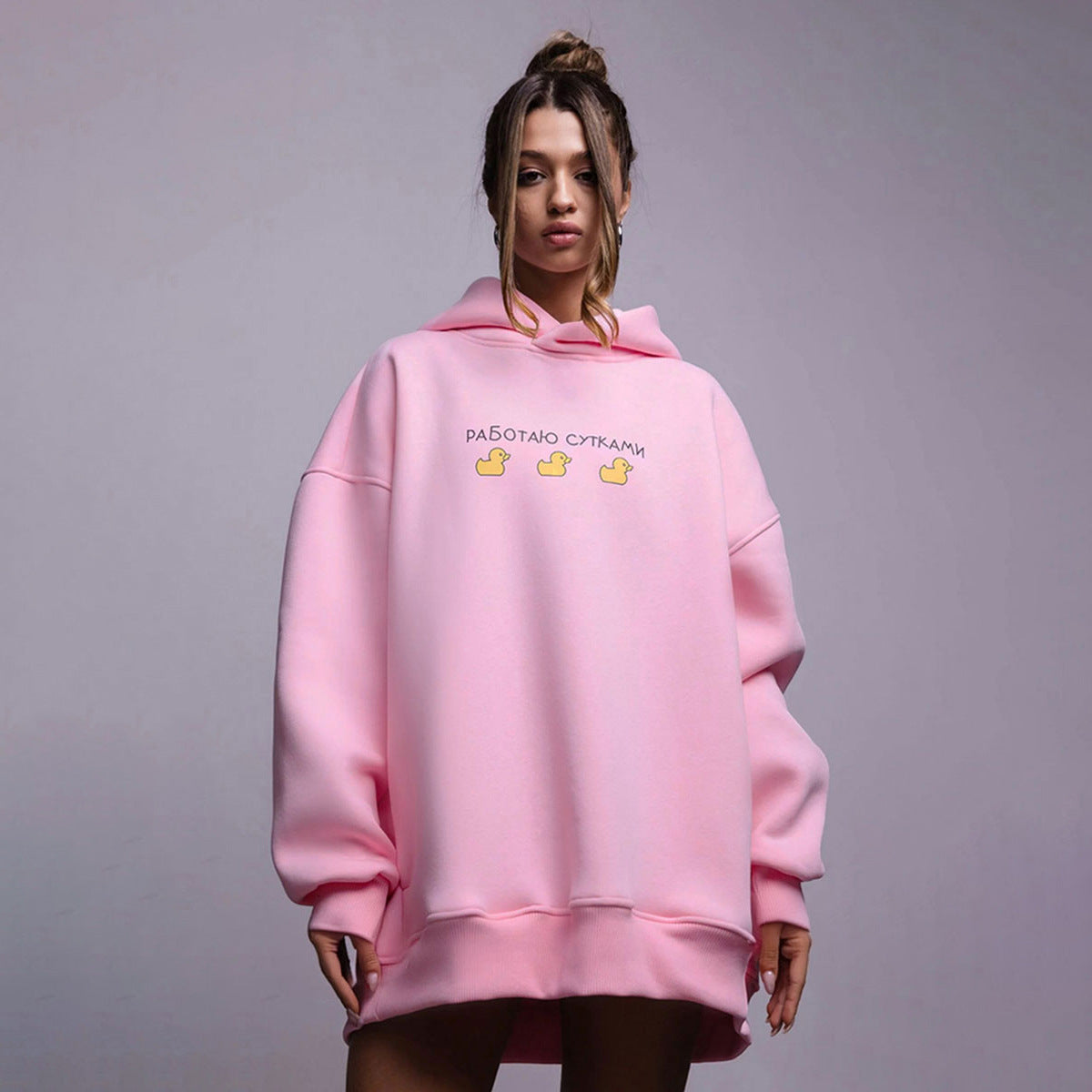 Medium and long hooded sweater, European, American autumn and winter women's three ducks printed loose casual hooded sweater