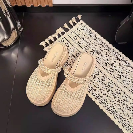 Mesh slippers summer retro woven outer wear pearl breathable hollow Ou Ruofeng Mary Jane girls bag head slippers