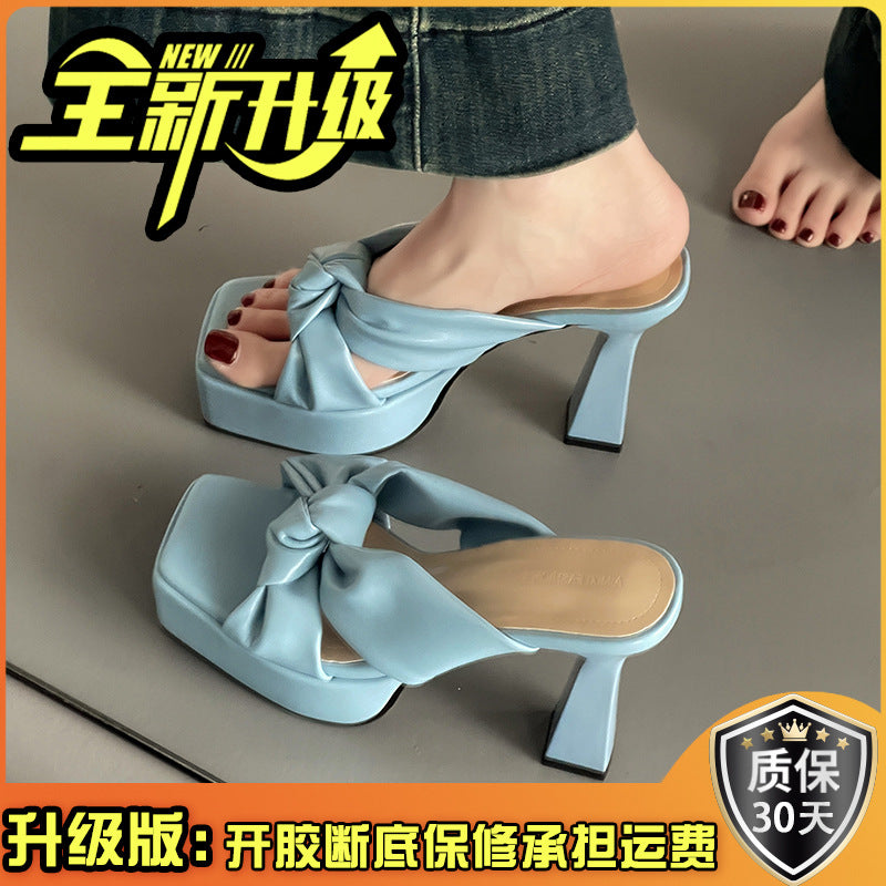 Fashion temperament bow women's thick heel one-word slippers summer French retro height-increasing and thin high-heeled cool slippers