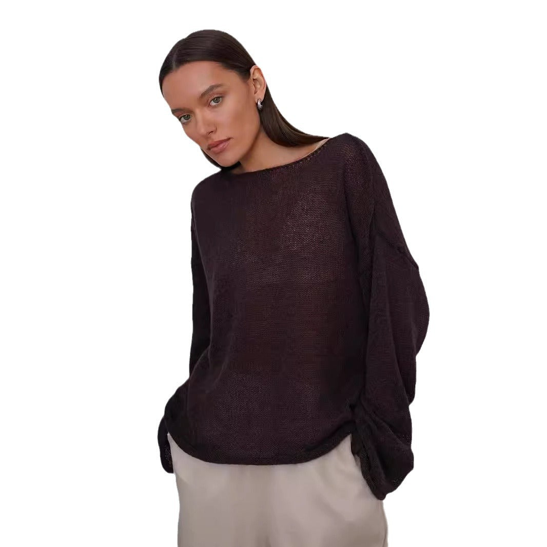 Hollow knitted sweater European, American spring and summer new women's perspective thin large round neck horn sleeve knitted T-shirt